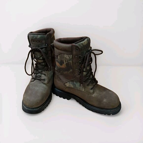 Rocky Gore Tex Hunting Boots Mens 10 M Brown Leather Suede Mossy Oak Camo - Picture 1 of 8